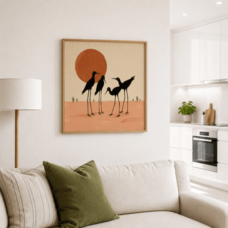 Orange sun disc above clustered bird silhouettes in modern print