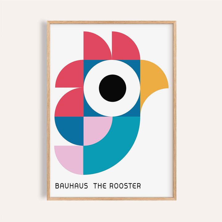 Geometric pattern art poster featuring a colourful Bauhaus-style rooster