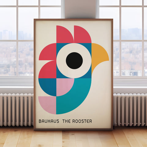 Geometric rooster art print for teen girls room with Bauhaus style