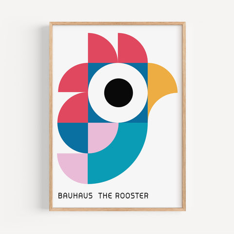 Geometric rooster art print for teen girls room with Bauhaus style