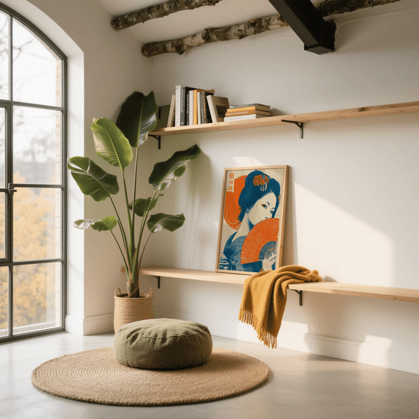 Retro Geisha Print poster in Orange and Beige for stylish living rooms