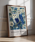 Vintage Owl Print with two blue owls perched in floral garden setting.