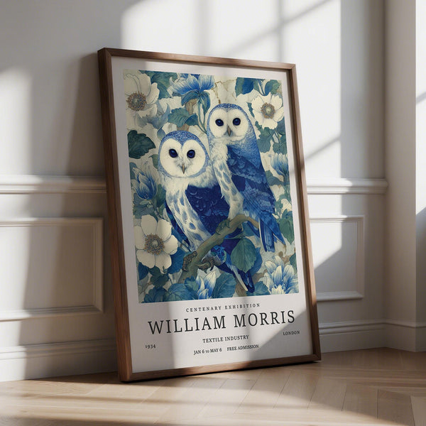 Vintage Owl Print with two blue owls perched in floral garden setting.