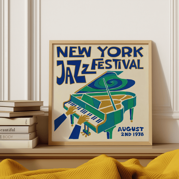 New York Jazz Festival Print wall art, ideal for lounge with Green, Blue, Beige colors