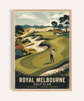 Foreground golfer swinging club on a golf course poster with rolling fairways and bunkers