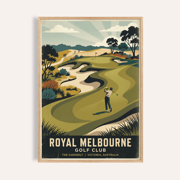 Foreground golfer swinging club on a golf course poster with rolling fairways and bunkers