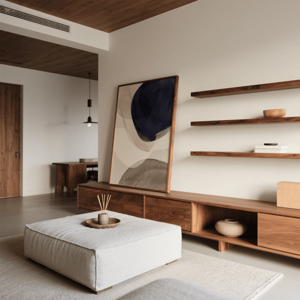 Abstract Watercolor Print with overlapping brown and blue shapes for home office