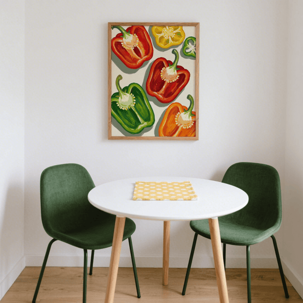 Colorful Bell Pepper Print art featuring green, red, and yellow for living room