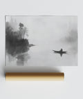 Black and white ink print of a lone fisherman, Japanese fisherman wall art decor.