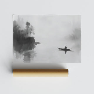 Black and white ink print of a lone fisherman, Japanese fisherman wall art decor.