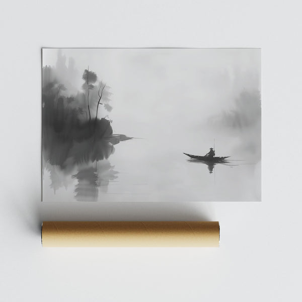 Black and white ink print of a lone fisherman, Japanese fisherman wall art decor.