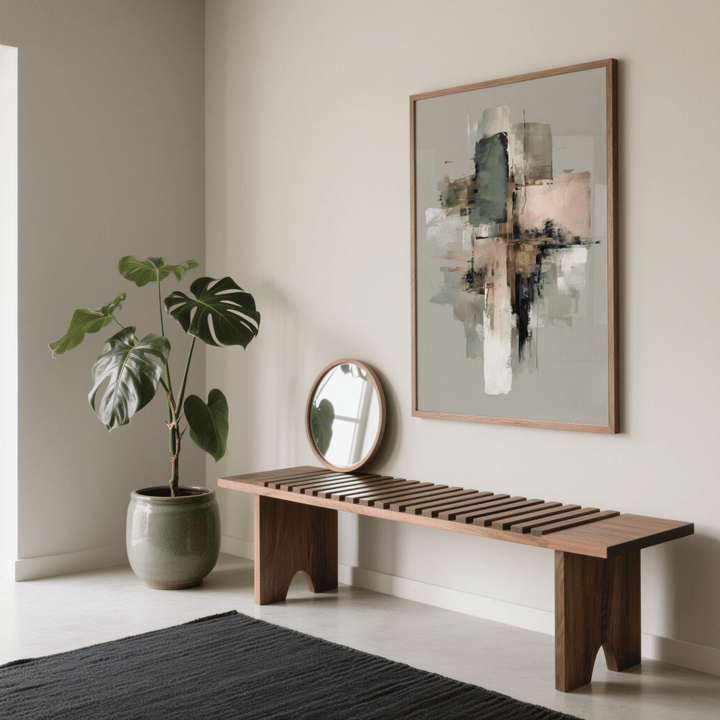 Print on a wall in a softly lit room showing abstract geometric shapes in pink and gold above a wooden bench