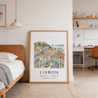 Yellow tram illustration passing patterned facades on Lisbon street