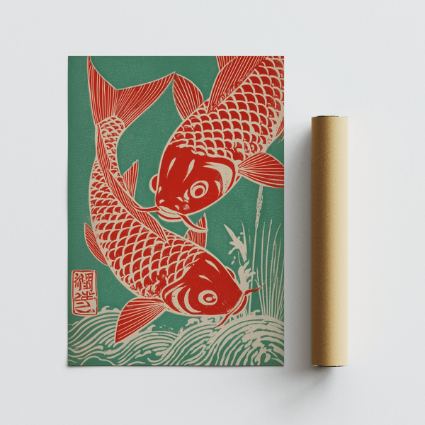Sophisticated Red Koi Art with green and red for studio wall
