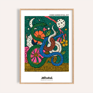 Featured Cosmic Garden Print poster showing intertwined snakes, flowers, stars, and a moon