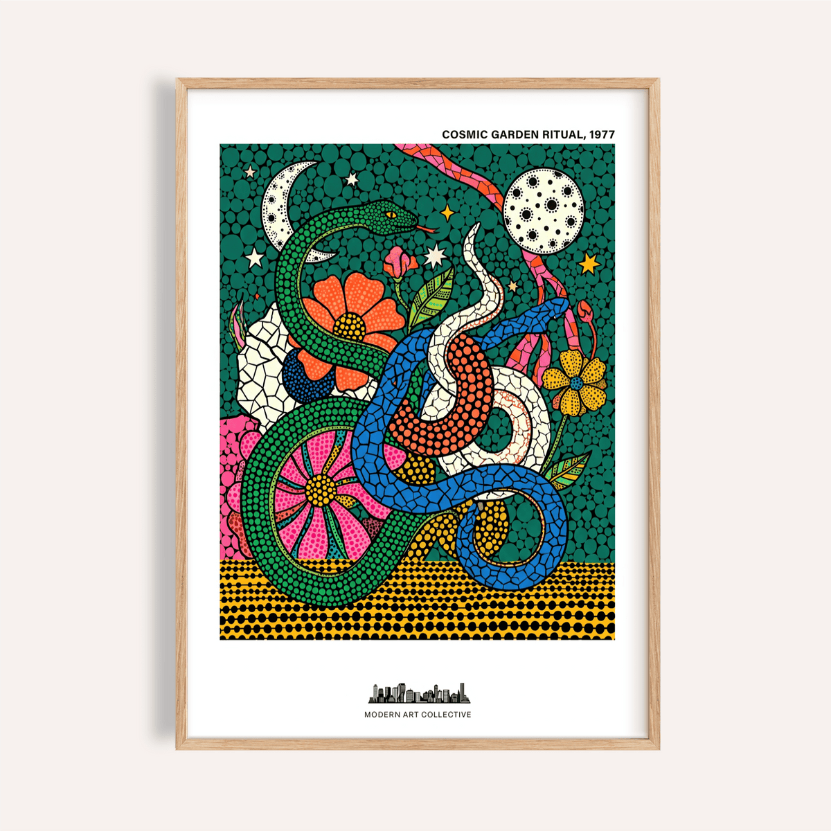 Featured Cosmic Garden Print poster showing intertwined snakes, flowers, stars, and a moon