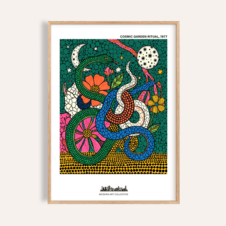 Featured Cosmic Garden Print poster showing intertwined snakes, flowers, stars, and a moon
