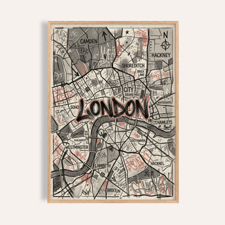 Graffiti-style London map poster with labeled districts and bold central lettering