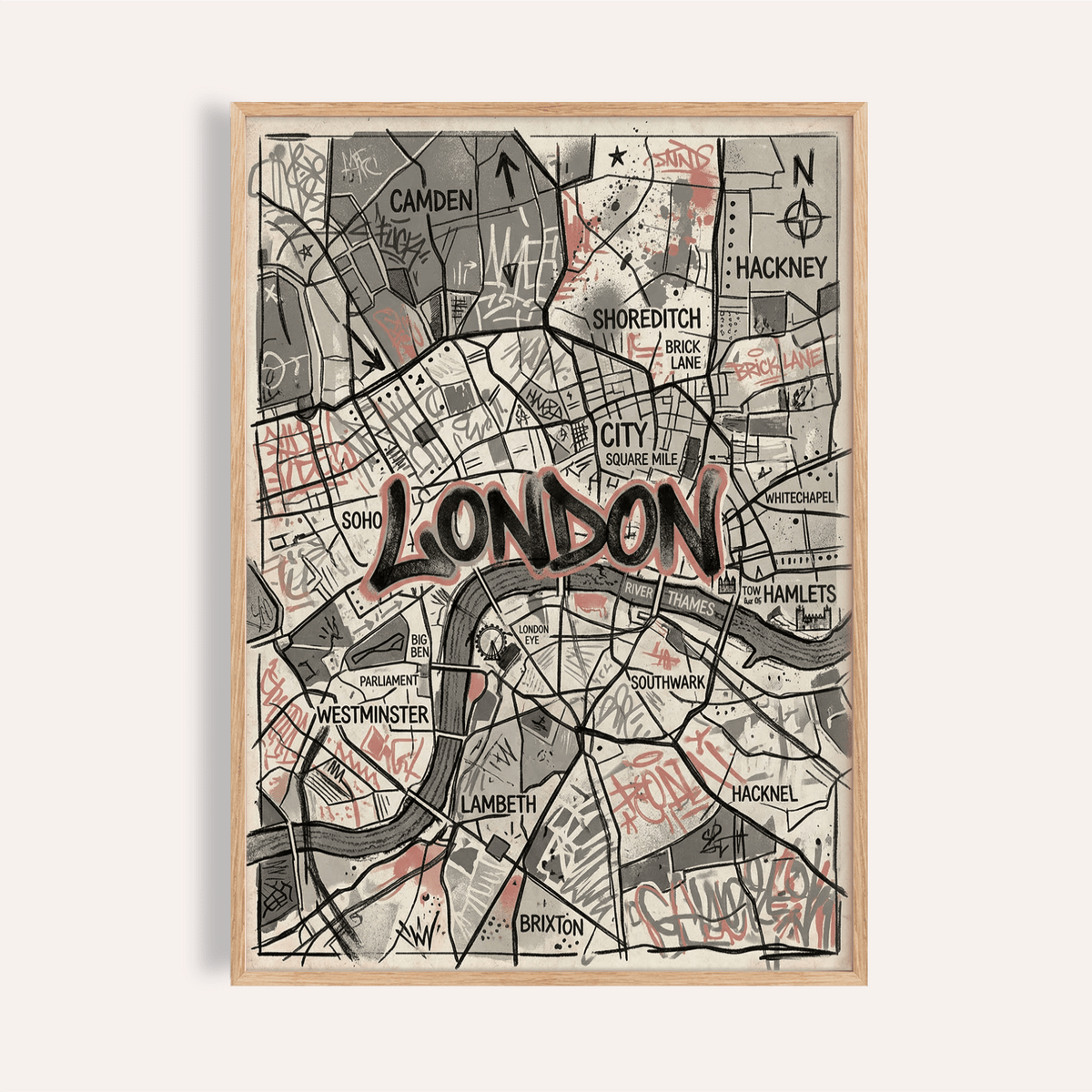 Graffiti-style London map poster with labeled districts and bold central lettering