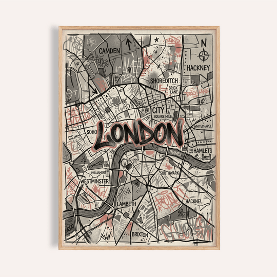 Graffiti-style London map poster with labeled districts and bold central lettering