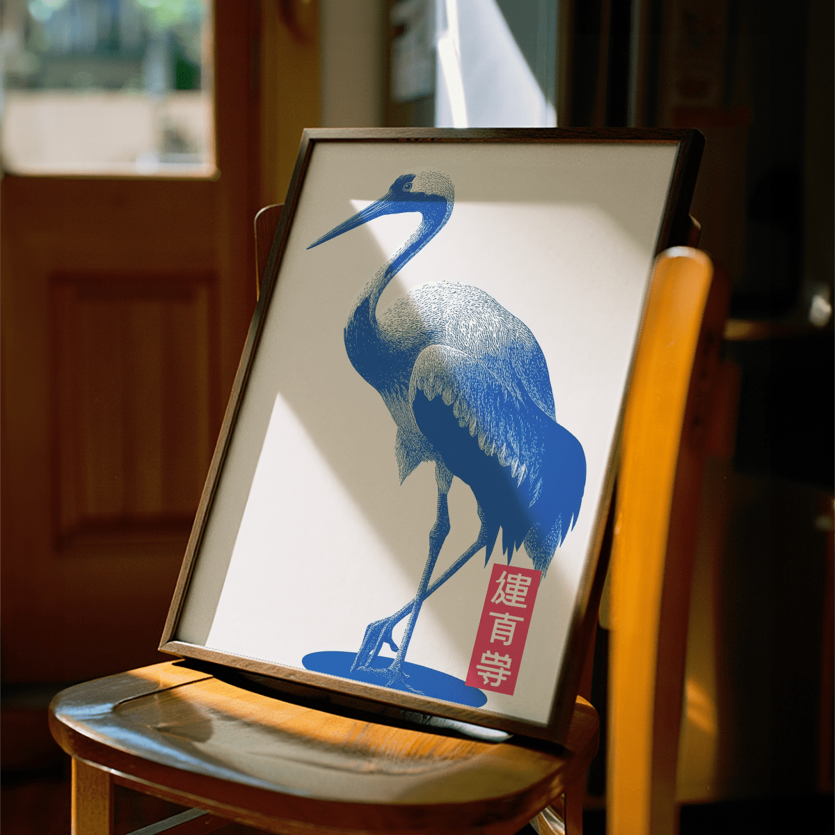 Crane Wall Art print featuring blue and red for hallway decor