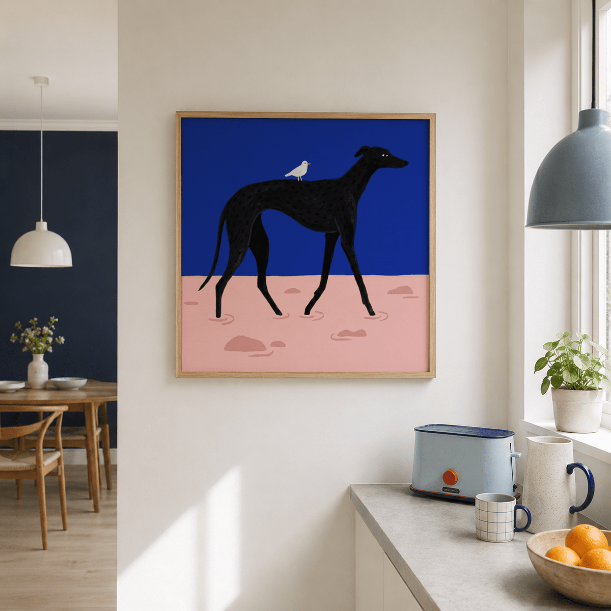 Abstract Black Dog Poster flat graphic silhouette against blue field