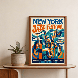 Vintage Jazz Music Poster showing New York Jazz Festival text, saxophone, and skyline shapes