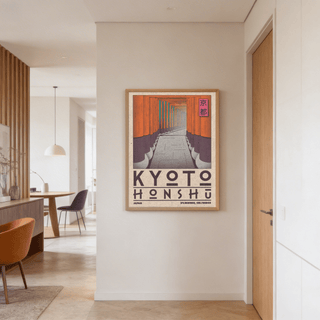 Lower typography area of Kyoto travel poster print with geometric letterforms and baseline marks