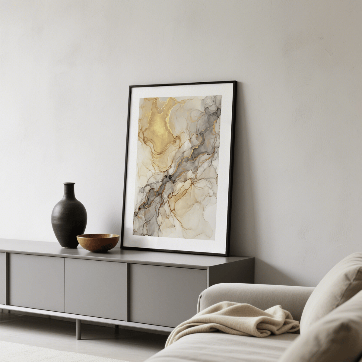 Close crop of swirling marbled forms in neutral palette