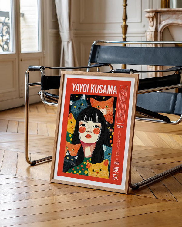 Bold and graphic quirky wall art featuring cats and a serious-faced girl.