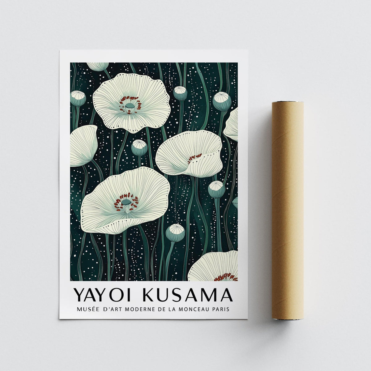 Graphic poppy print in Poppy Prints format with fine line drawing.