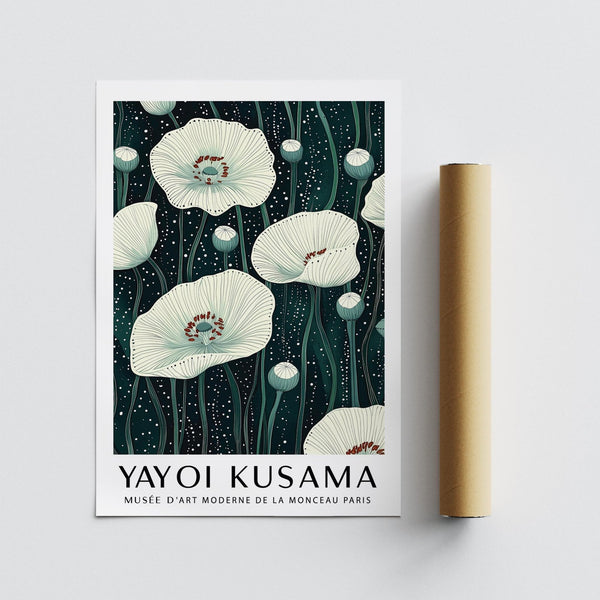 Graphic poppy print in Poppy Prints format with fine line drawing.