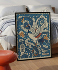 Showcasing a Japanese crane illustration wall art print with curling waves and maple leaves