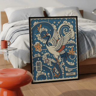 Showcasing a Japanese crane illustration wall art print with curling waves and maple leaves