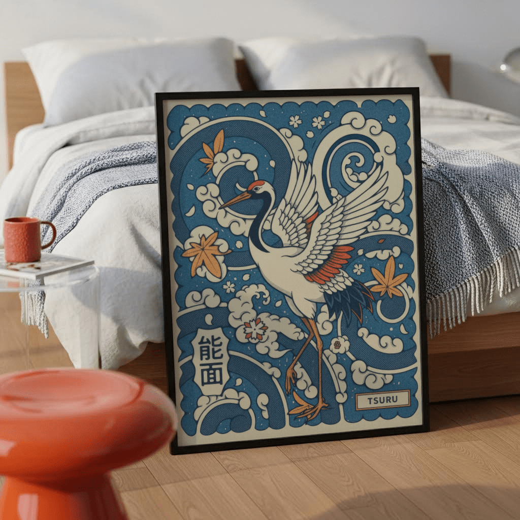 Showcasing a Japanese crane illustration wall art print with curling waves and maple leaves