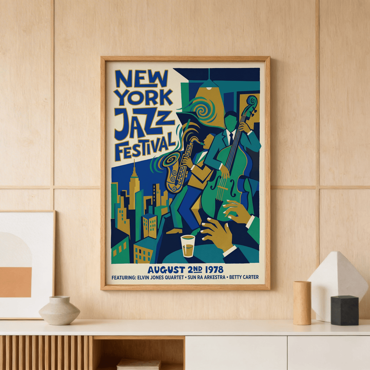 Event style wall art featuring New York Jazz Festival typography and skyline