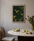 Capturing bird-themed wall art print with cranes gliding and fine speckle texture