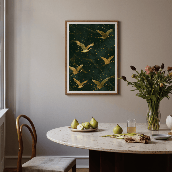 Capturing bird-themed wall art print with cranes gliding and fine speckle texture
