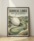 Vintage-style golf print poster with bold SURREAL LINKS text over a rolling course landscape