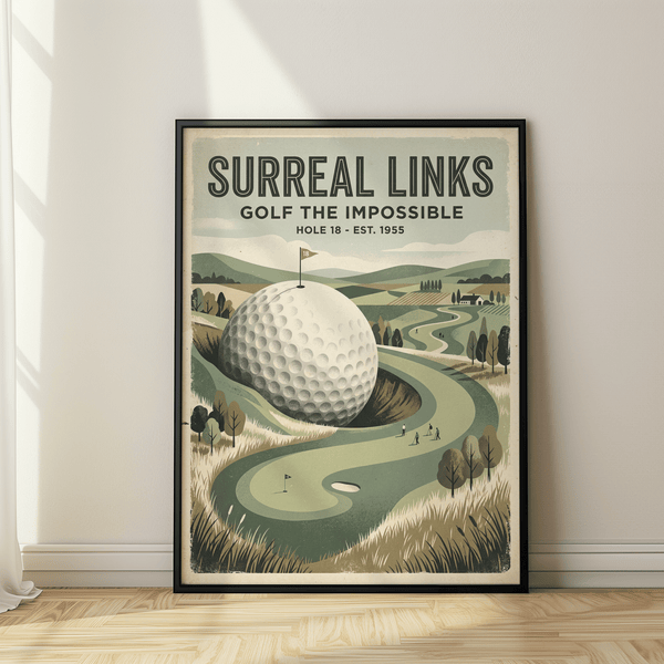 Vintage-style golf print poster with bold SURREAL LINKS text over a rolling course landscape