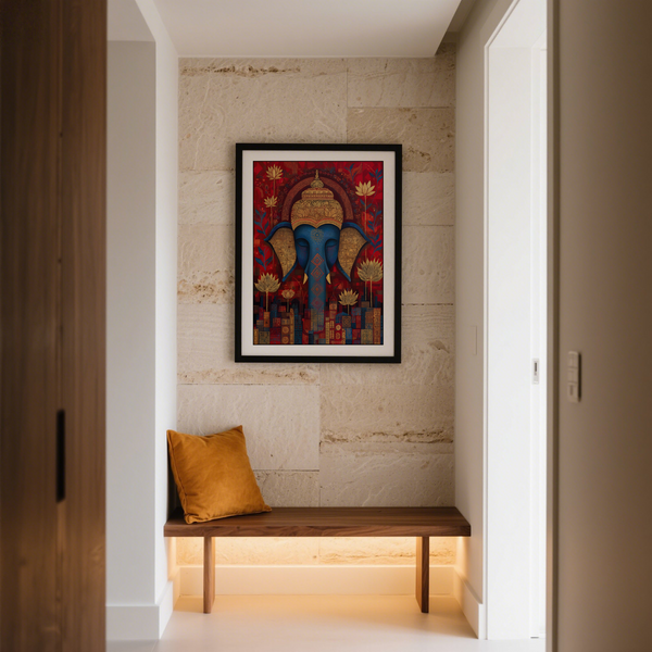 Symmetrical elephant Buddha wall art poster with repeating textures and border design