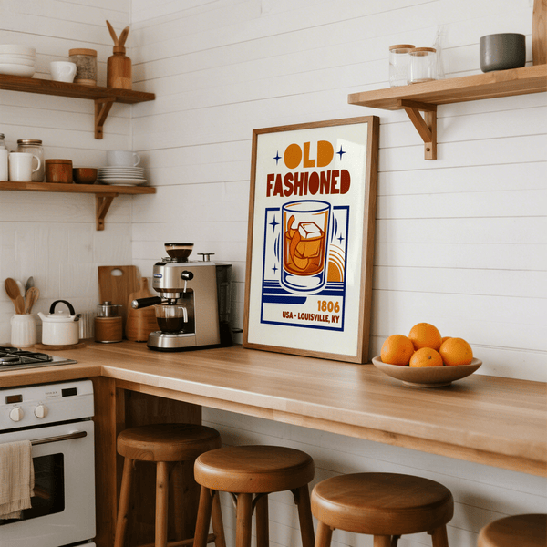 Old Fashioned Art Print in Orange and Blue, perfect for kitchen wall decor