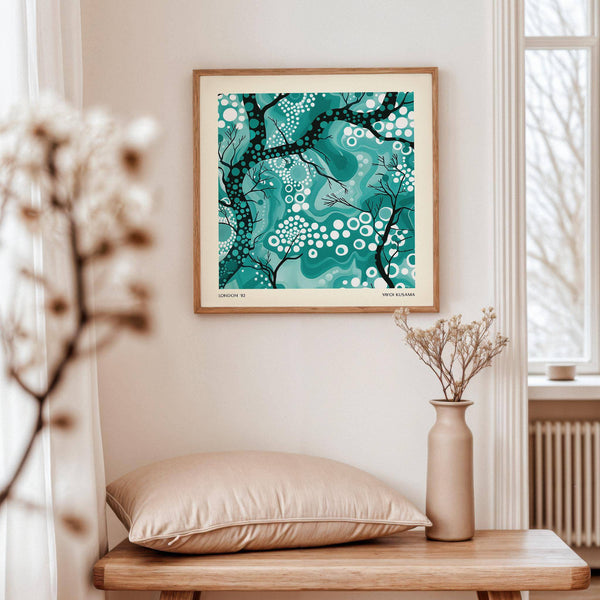 Calm teal abstract wall art with organic lines for Japandi-inspired decor