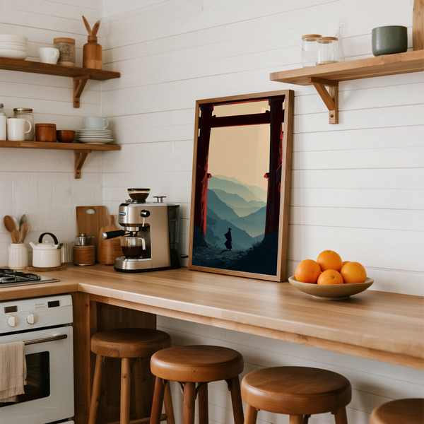 Close view of minimalist samurai figure on stone path before mountains