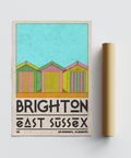 Flat lay of beach hut illustration poster with retro palette