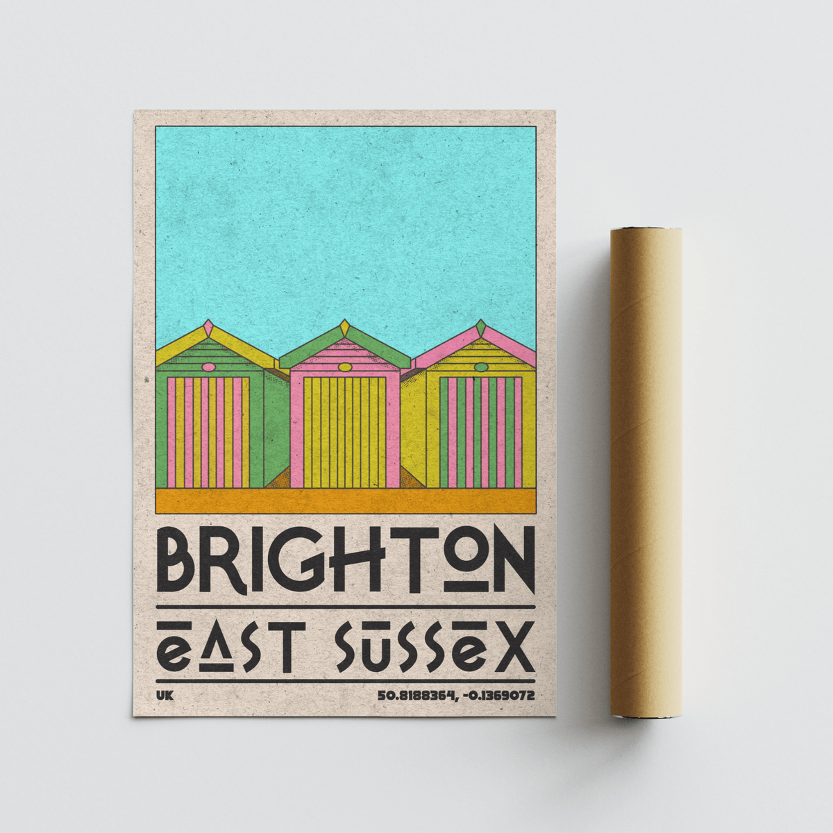 Flat lay of beach hut illustration poster with retro palette