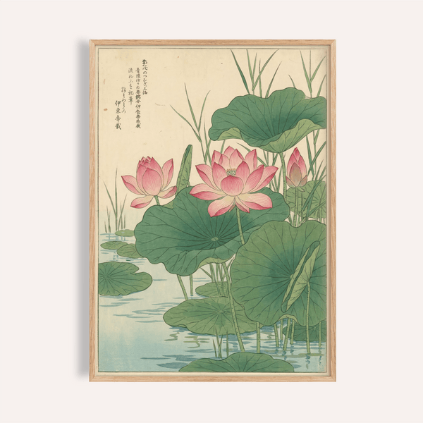 Lotus Flower Print with beige, green, pink, and blue for bedroom wall art
