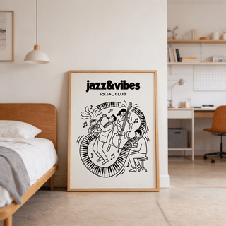 Graphic poster of a sax player, upright bass, and seated pianist surrounded by piano keys
