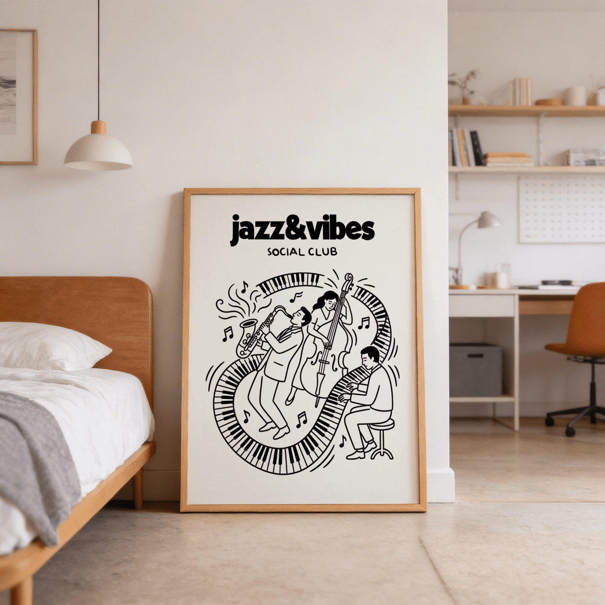 Graphic poster of a sax player, upright bass, and seated pianist surrounded by piano keys