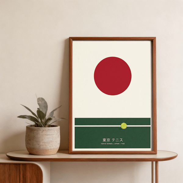 Japanese Tennis Art Print with red sun circle and tennis court design